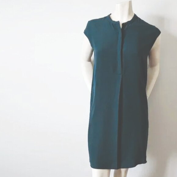 ARITZIA BABATON SHIFT DRESS CAP SLEEVE POCKETS BANDED COLLAR - TEAL - Picture 4 of 12